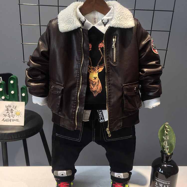 Children's Clothing Boys Leather Jacket 2018 New Autumn And Winter Thickening Children's 2-3-4-5-6 Years Old PU Leather Jacket Tide
