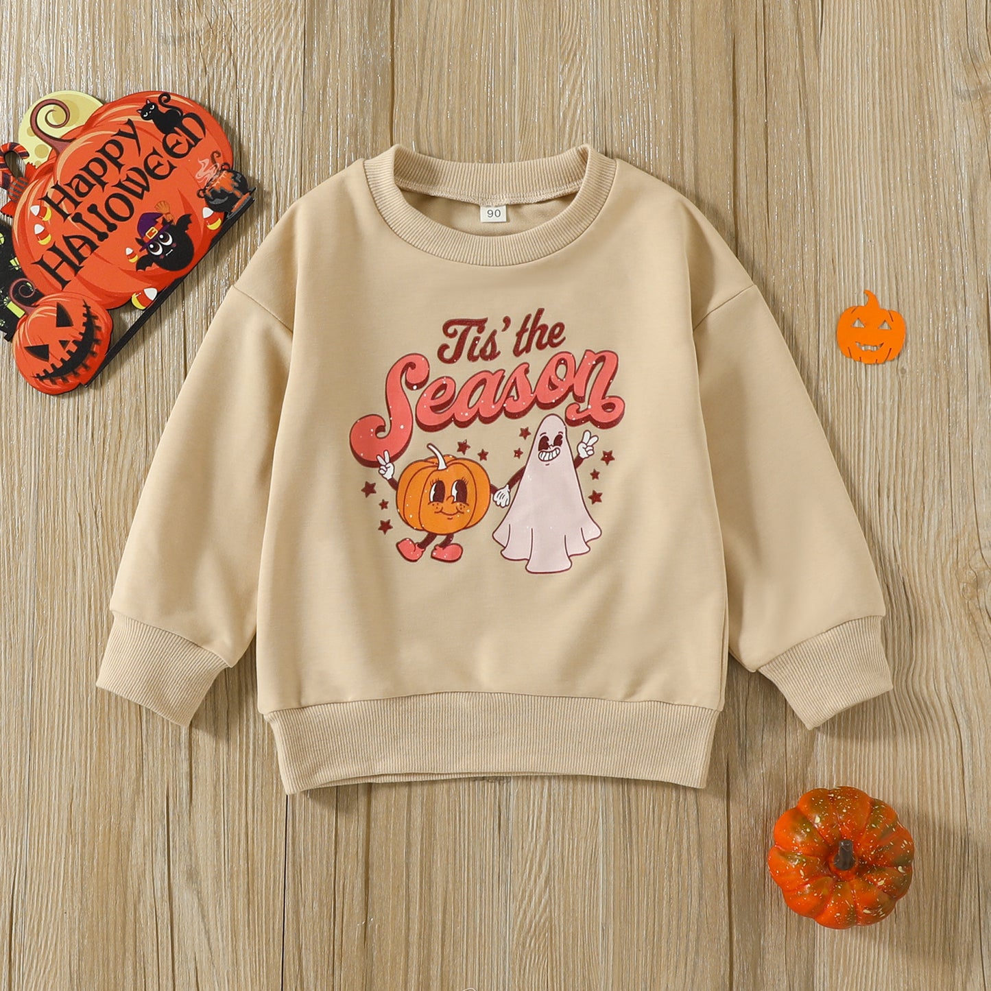 2024 New Halloween Cartoon Printed Children's Sweater-Beige European And American Cross-border Hot Spot