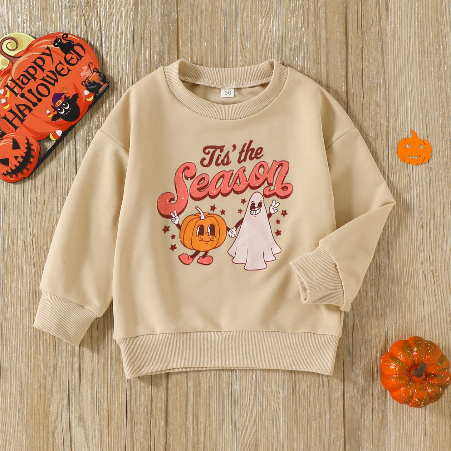 2024 New Halloween Cartoon Printed Children's Sweater-Beige European And American Cross-border Hot Spot
